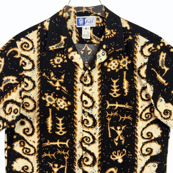 VTG RJC Hawaiian Shirt Mens M Tribal Print Black Cream Short Sleeve Aloha - Picture 2 of 9